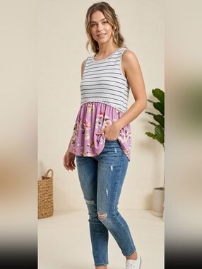 Perfect Brand Striped Floral Peplum Top Size Medium Mixed Media Sleeveless Tank